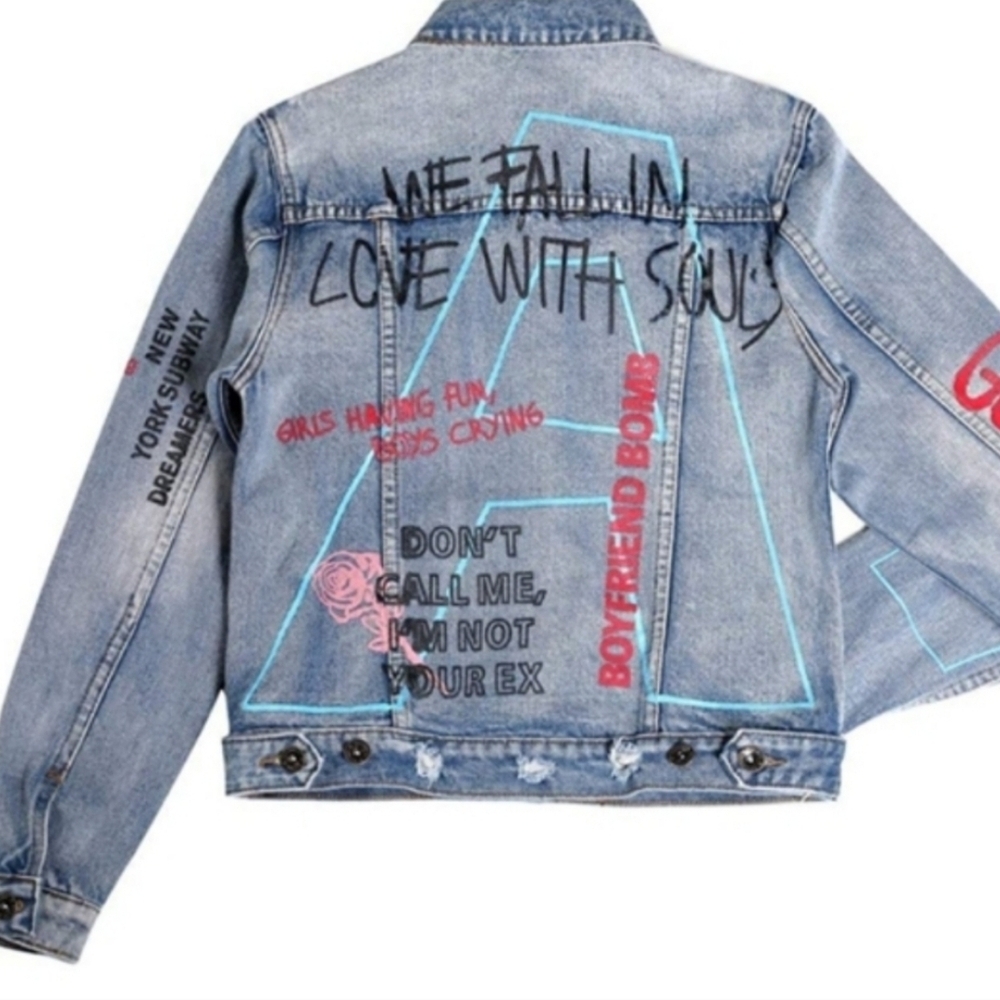 Graphic Denim Jacket with Text and Graphics